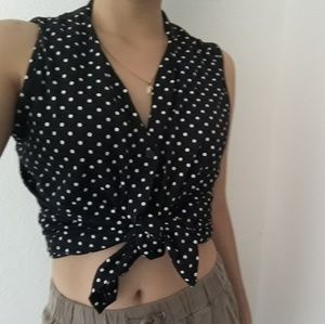 Vintage tie up black and white pokka dot shirt